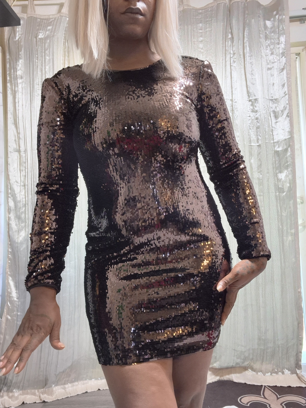 Sequin Long-Sleeve Mini Dress in Deep Brown